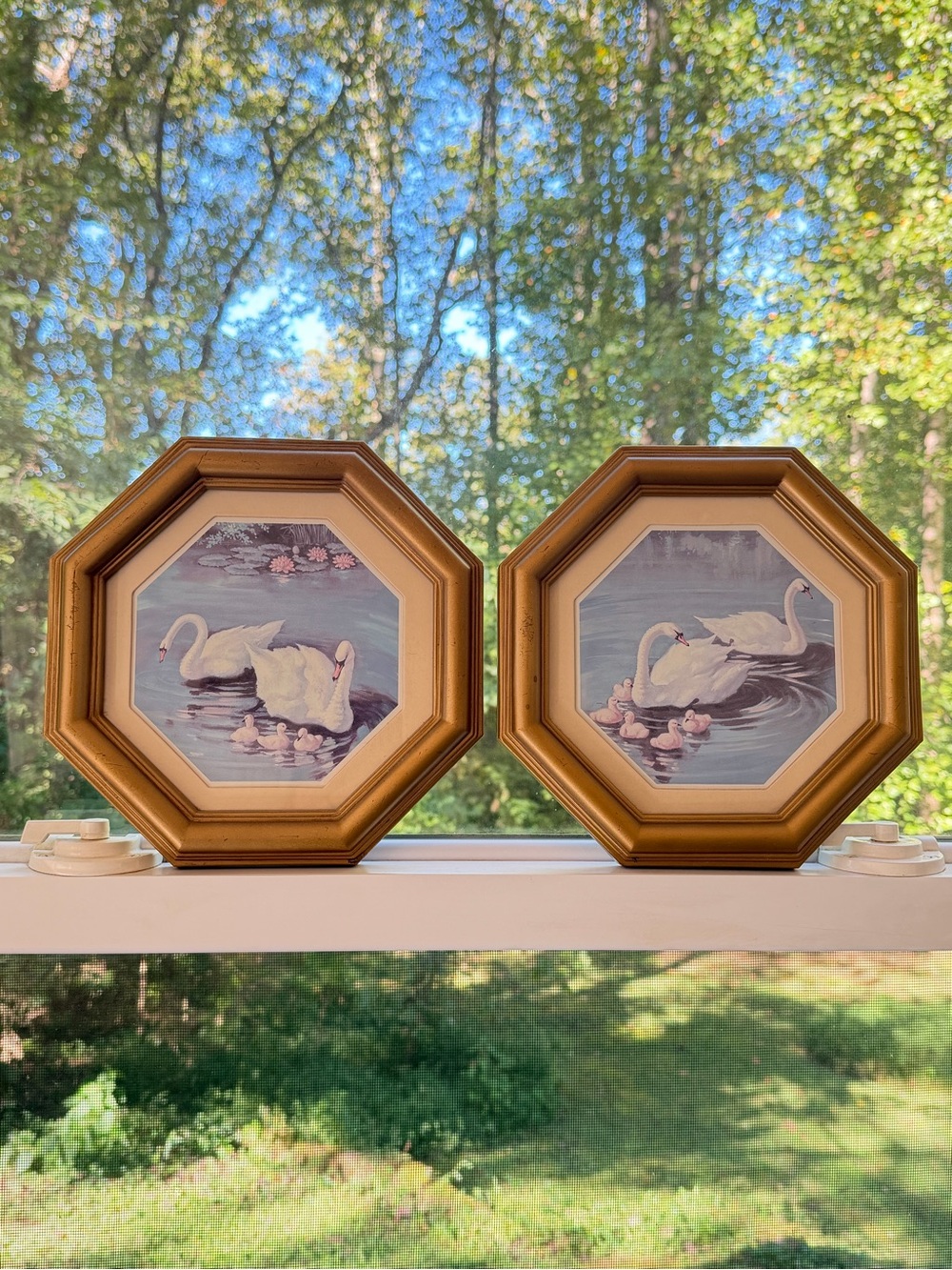 Vintage Homco Gold Octagonal Swan Wall Art Pair